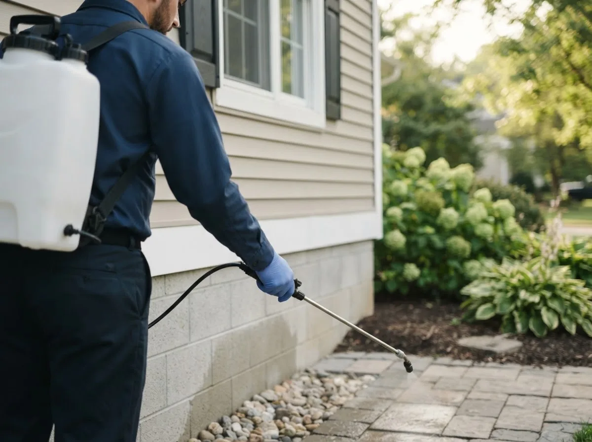 Pest control technician inspecting a home in Pevely, MO